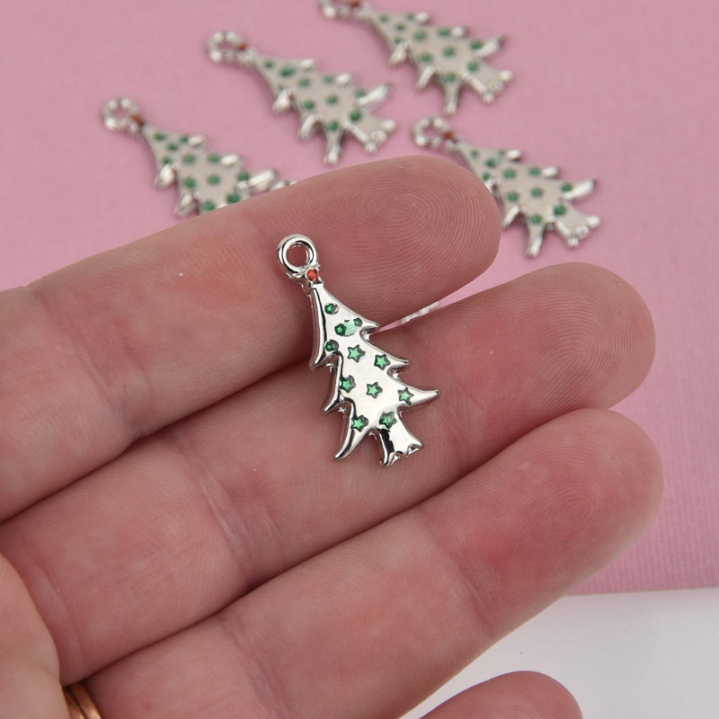 6 Christmas Tree Charms, silver plated with green enamel, 26mm, chs8422