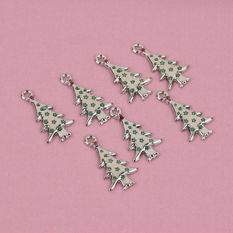 6 Christmas Tree Charms, silver plated with green enamel, 26mm, chs8422