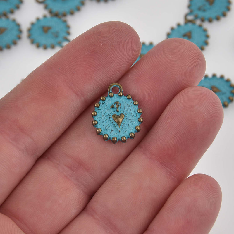 Bronze Patina Charms, Blue Verdigris, small heart, chs8424