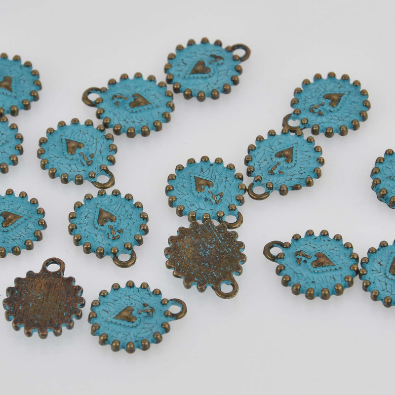 Bronze Patina Charms, Blue Verdigris, small heart, chs8424