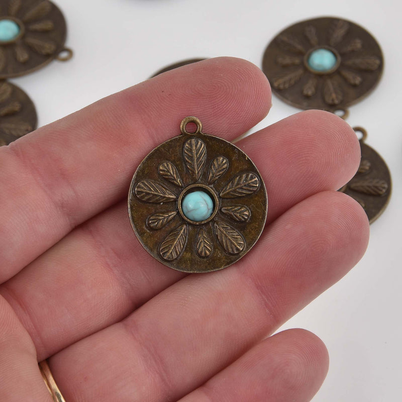 Bronze Feather Charms with Faux Turquoise, 30x27mm, chs8425