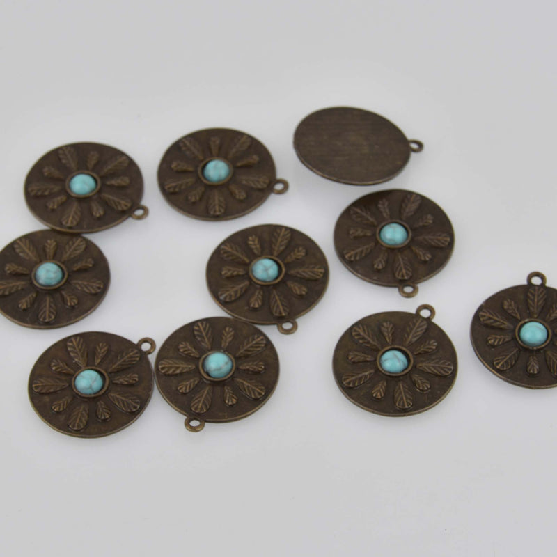 Bronze Feather Charms with Faux Turquoise, 30x27mm, chs8425