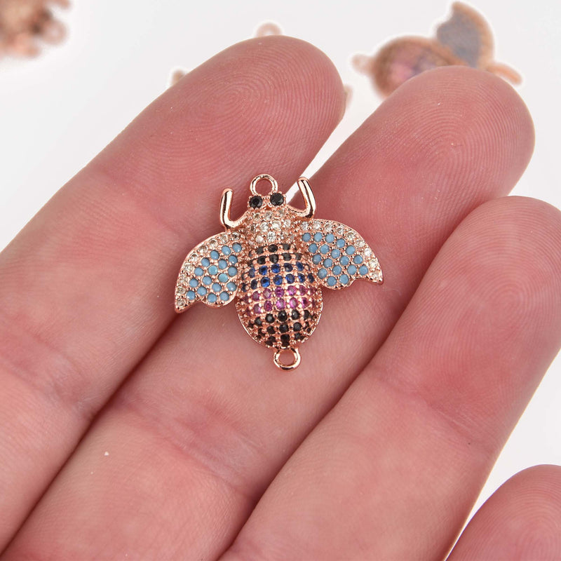 BEE Charm, Micro Pave Cubic Zirconia Crystals, Rhinestone, Rose Gold Brass Metal, 22x22mm, chs8428