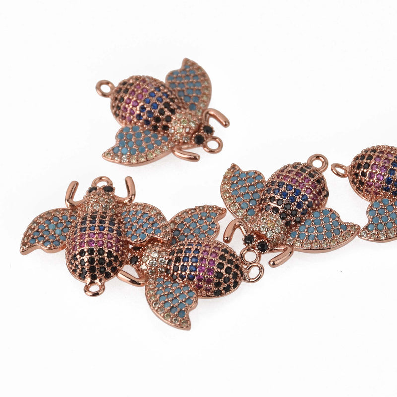 BEE Charm, Micro Pave Cubic Zirconia Crystals, Rhinestone, Rose Gold Brass Metal, 22x22mm, chs8428