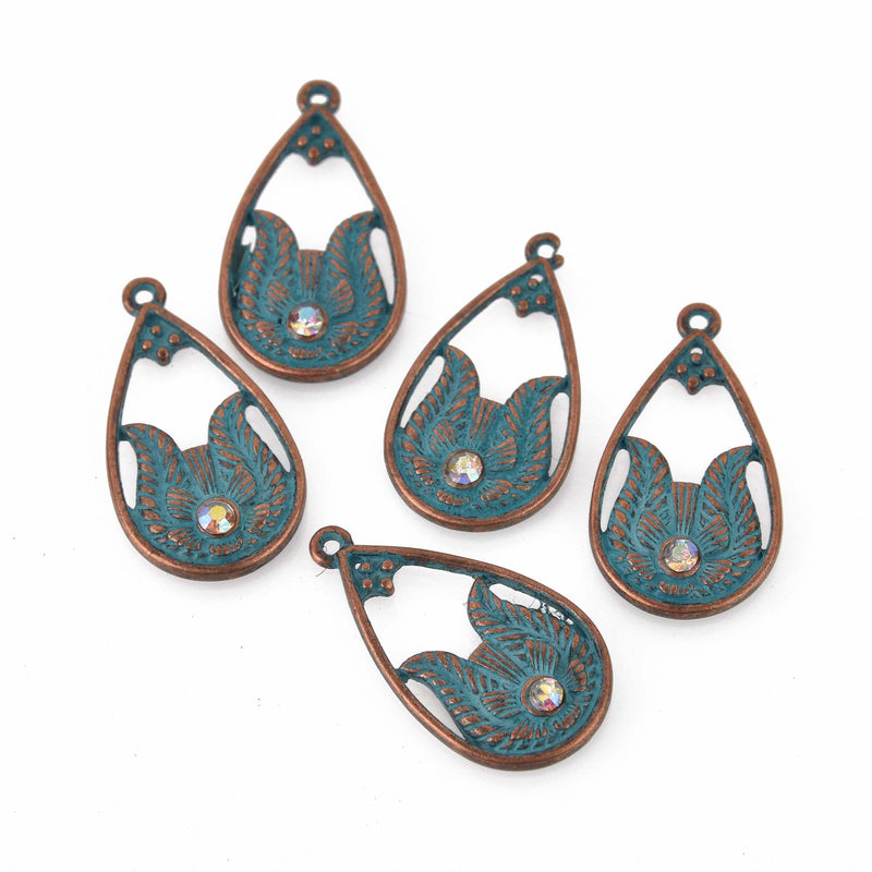 Teardrop Charms with Crystal, Copper with BLUE verdigris patina, chs8430