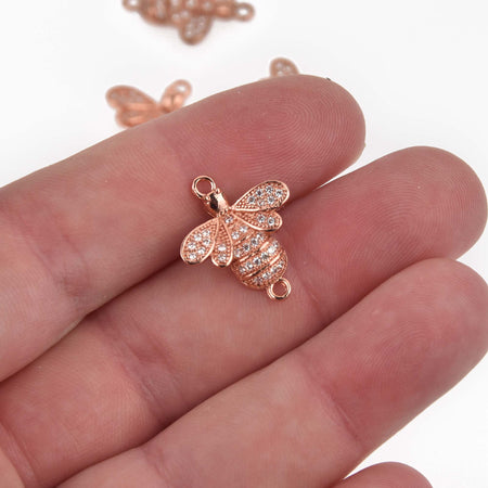 Rose Gold BEE Charm Connector, Micro Pave CZ Crystals, Rhinestone, 20x17mm chs8436