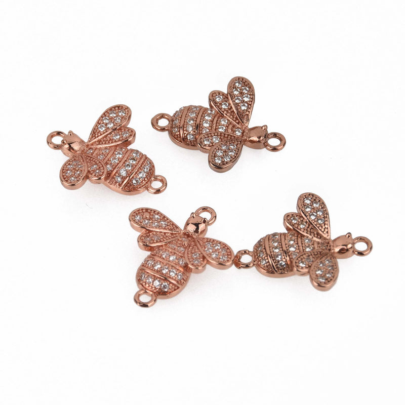 Rose Gold BEE Charm Connector, Micro Pave CZ Crystals, Rhinestone, 20x17mm chs8436