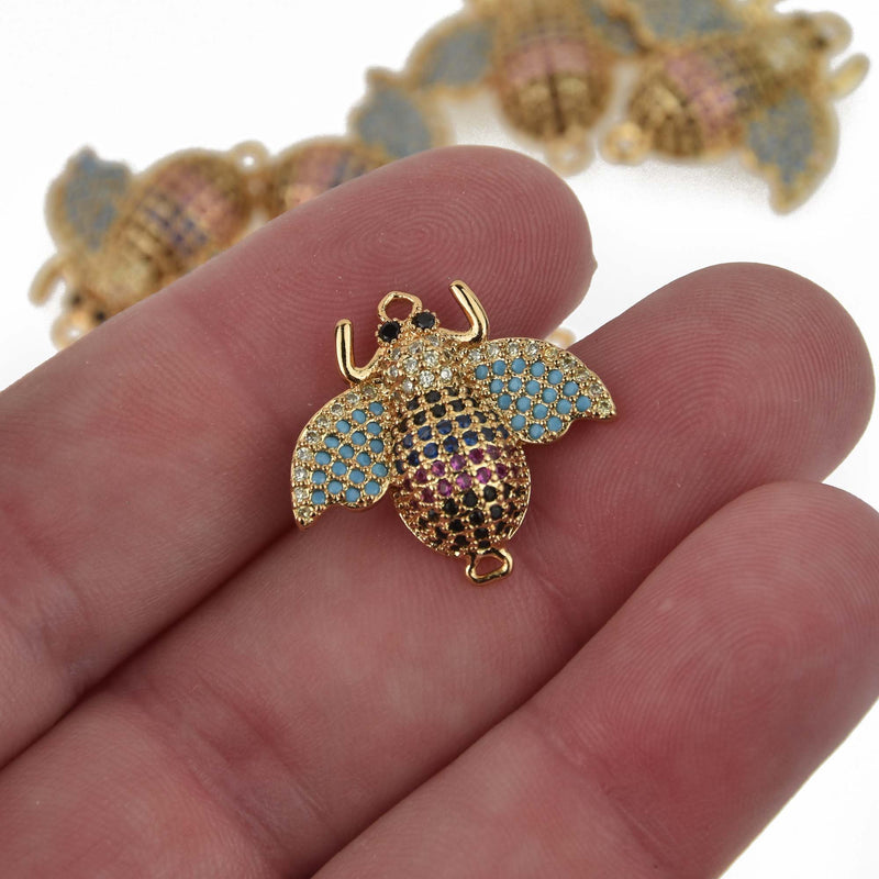 BEE Charm, Micro Pave Cubic Zirconia Crystals, Rhinestone, Gold Brass Metal, 22x22mm, chs8437