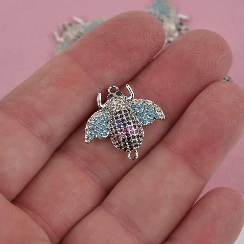 BEE Charm, Micro Pave Cubic Zirconia Crystals, Rhinestone, Silver Brass Metal, 22x22mm, chs8438