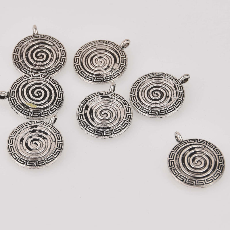 Silver Spiral Labyrinth Charms, Swirl Maze, Greek Key, chs8449