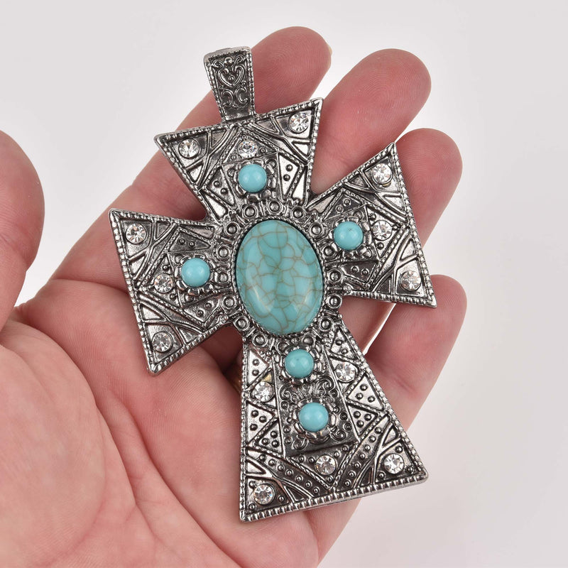 1 Large Silver Rhinestone Cross Pendant, Magnetic Bail, Necklace Enhancer, 3.75", chs8456