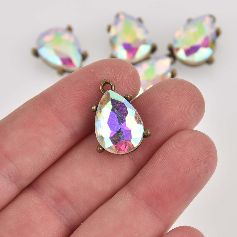 2 Crystal Teardrop Charms, AB crystal with bronze bezel setting, 3/4" long, chs8459