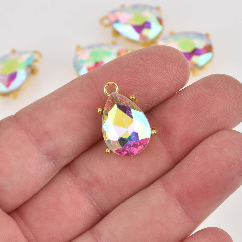 2 Crystal Teardrop Charms, AB crystal with gold bezel setting, 3/4" long, chs8462