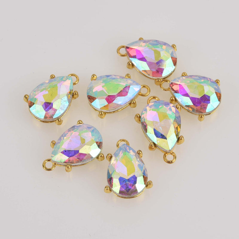 2 Crystal Teardrop Charms, AB crystal with gold bezel setting, 3/4" long, chs8462