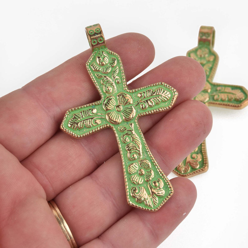 1 Large CROSS Charm Pendant, light gold with green verdigris patina, floral design, 2.75" long, chs8464