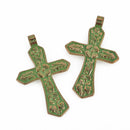 1 Large CROSS Charm Pendant, light gold with green verdigris patina, floral design, 2.75" long, chs8464
