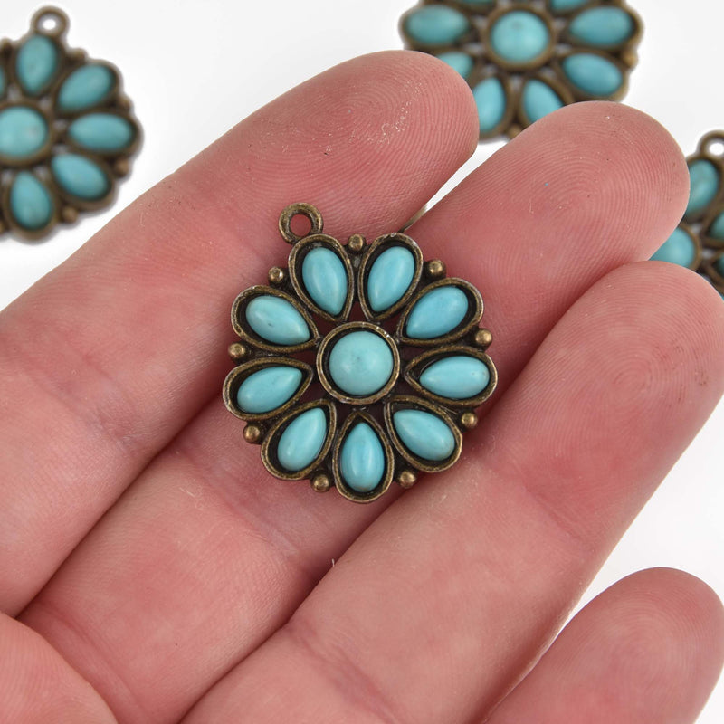 Boho Flower Charms, bronze with faux turquoise, chs8465