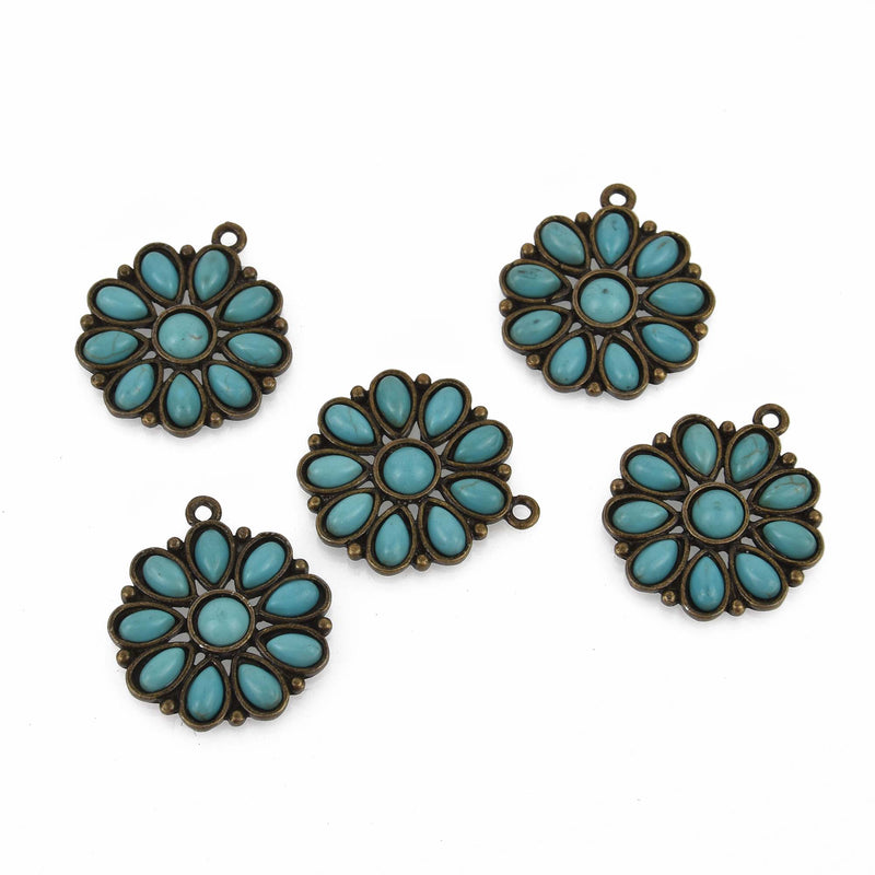 Boho Flower Charms, bronze with faux turquoise, chs8465