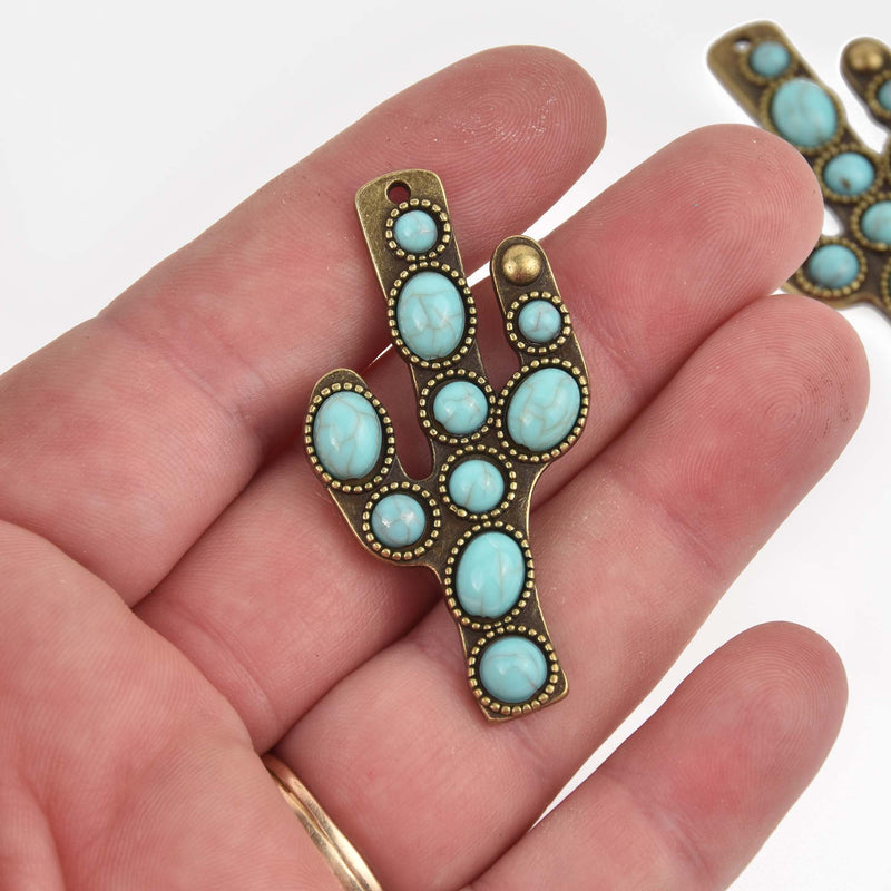 Bronze Cactus Charms with Faux Turquoise, 2" long, chs8466