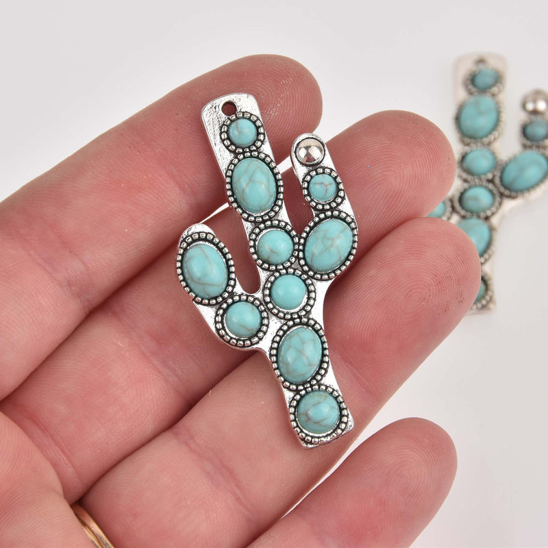 Silver Cactus Charms with Faux Turquoise, 2" long, chs8467