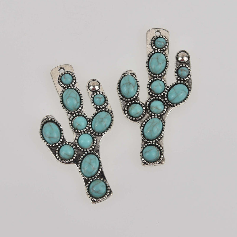 Silver Cactus Charms with Faux Turquoise, 2" long, chs8467