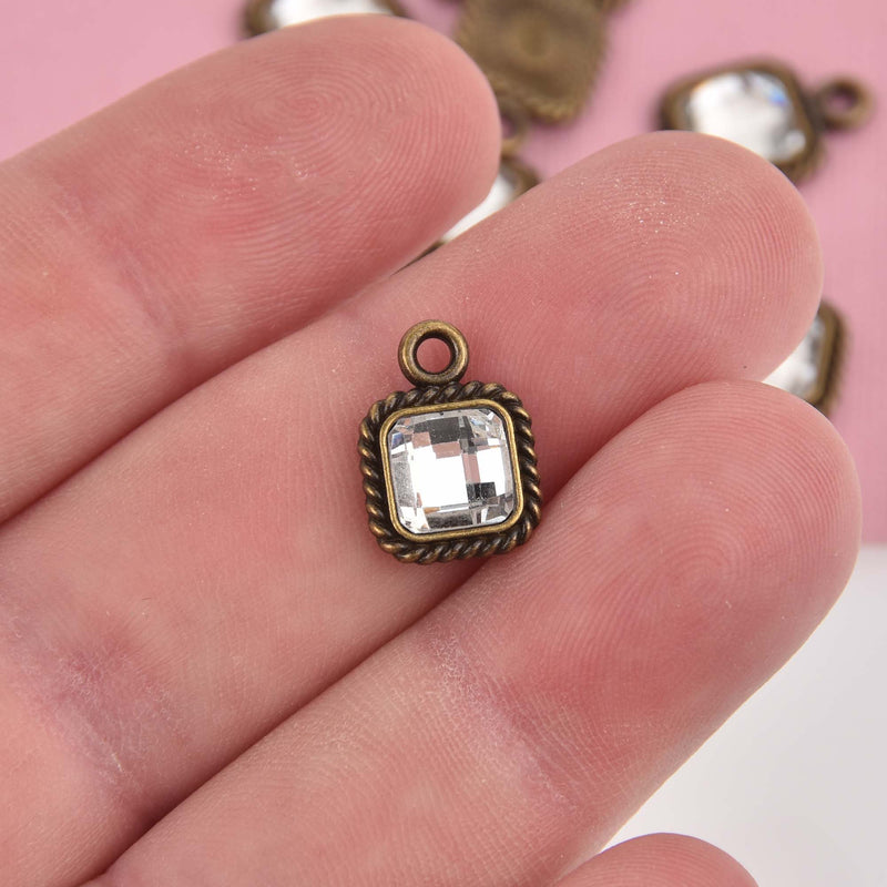 Small Square Crystal Charms, Bronze with Clear Rhinestone, 14x10mm, chs8475