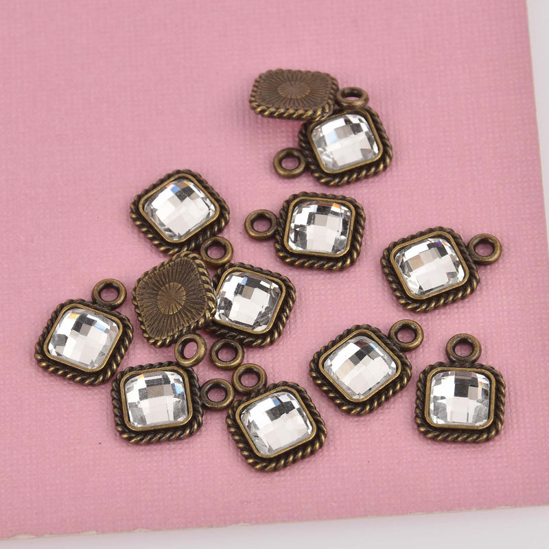 Small Square Crystal Charms, Bronze with Clear Rhinestone, 14x10mm, chs8475