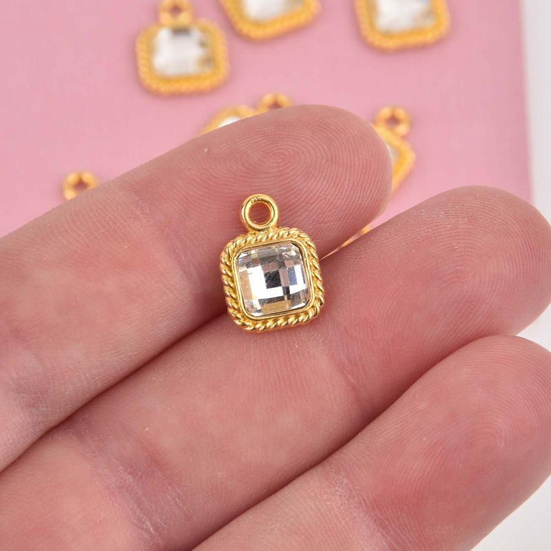 Small Square Crystal Charms, Gold with Clear Rhinestone, 14x10mm, chs8476