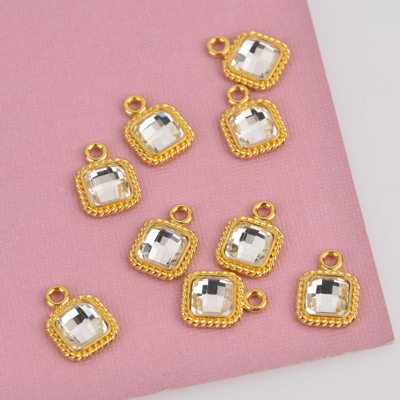 Small Square Crystal Charms, Gold with Clear Rhinestone, 14x10mm, chs8476