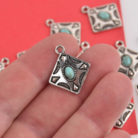 Silver Square Charms, faux turquoise diamond shape, chs8480