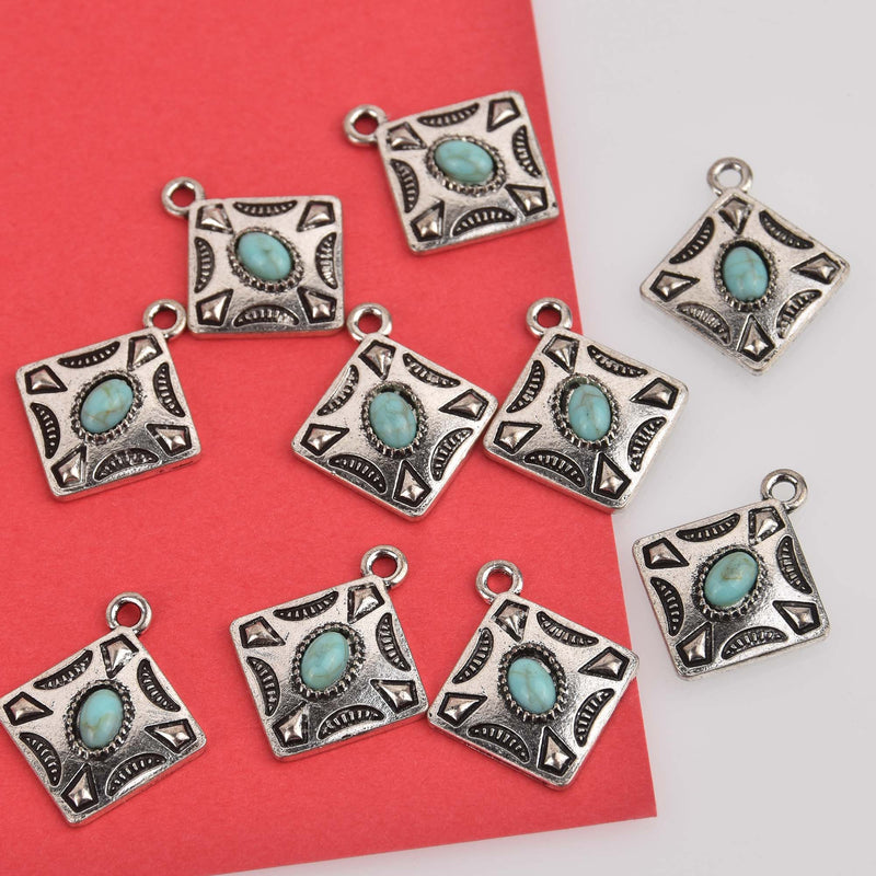 Silver Square Charms, faux turquoise diamond shape, chs8480