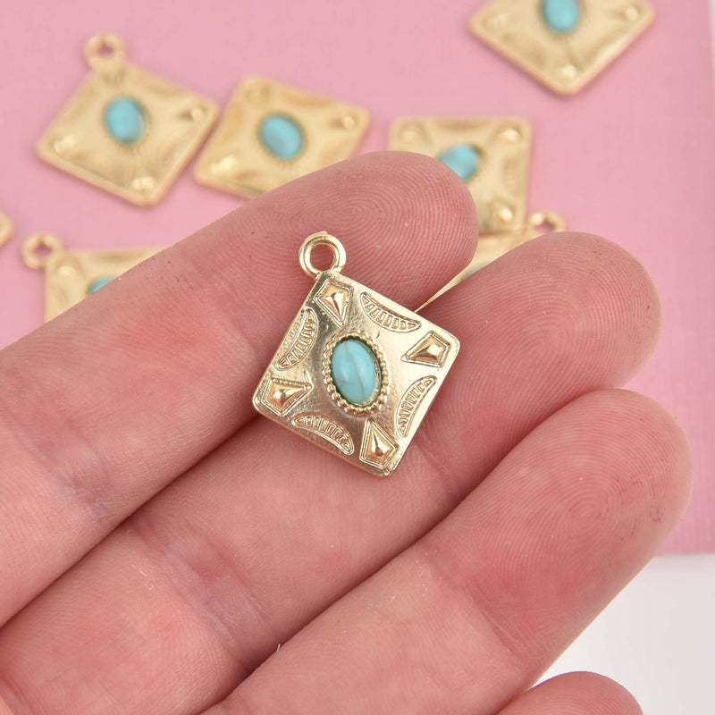 Matte Gold Square Charms, faux turquoise diamond shape, chs8481