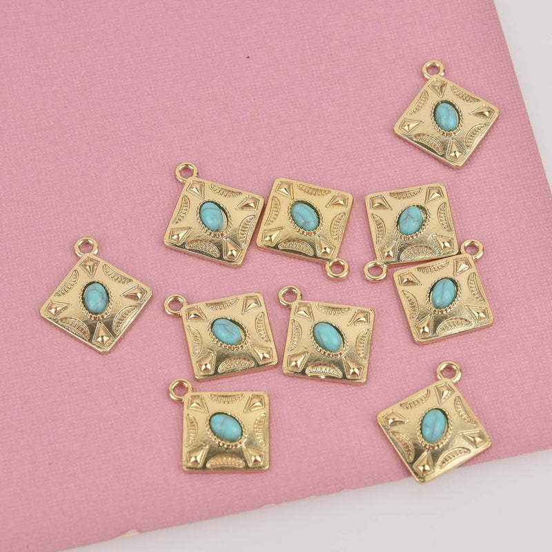 Matte Gold Square Charms, faux turquoise diamond shape, chs8481