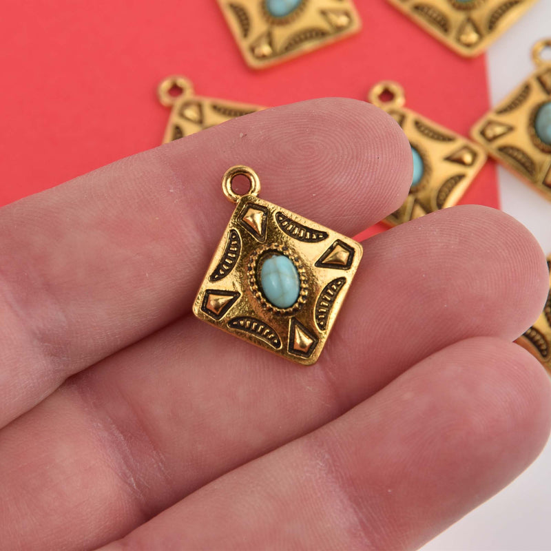 Gold Square Charms, faux turquoise diamond shape, chs8482