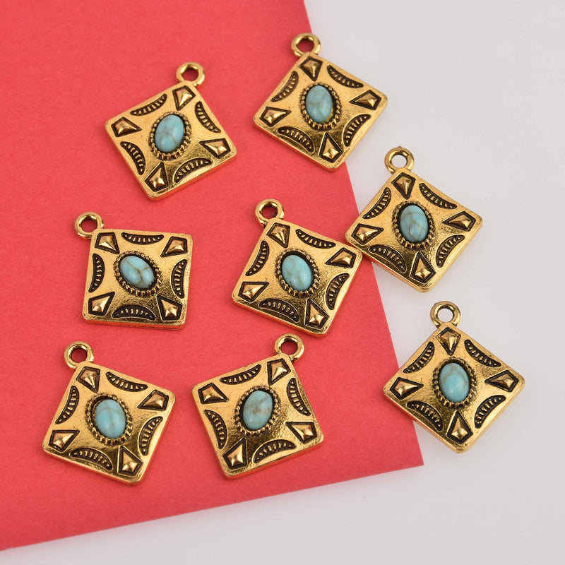 Gold Square Charms, faux turquoise diamond shape, chs8482