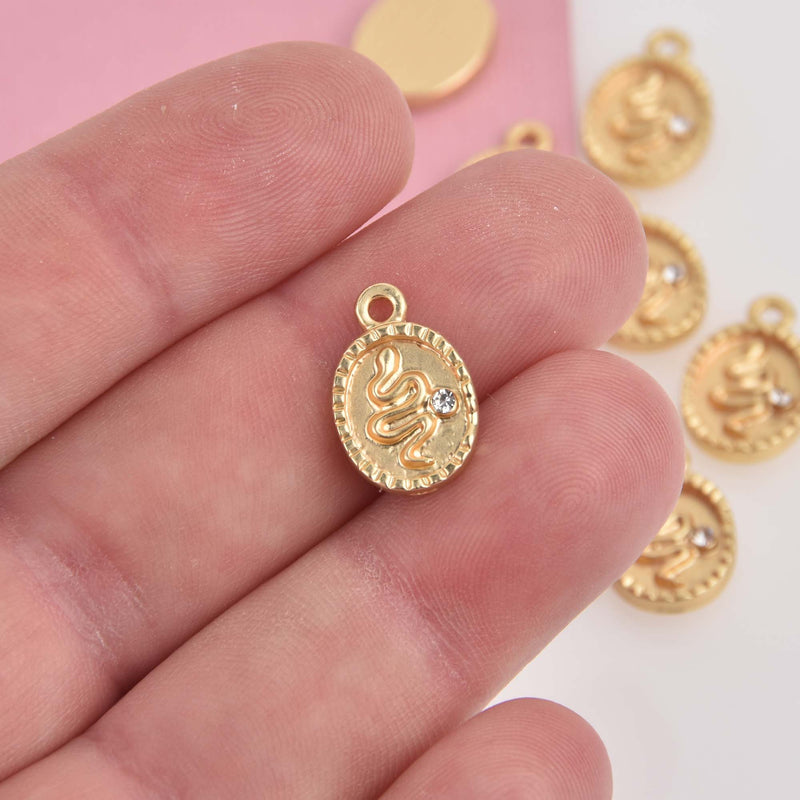 Small Matte Gold Snake Charms with Crystal, oval 16x11mm, chs8483