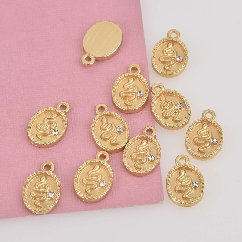 Small Matte Gold Snake Charms with Crystal, oval 16x11mm, chs8483