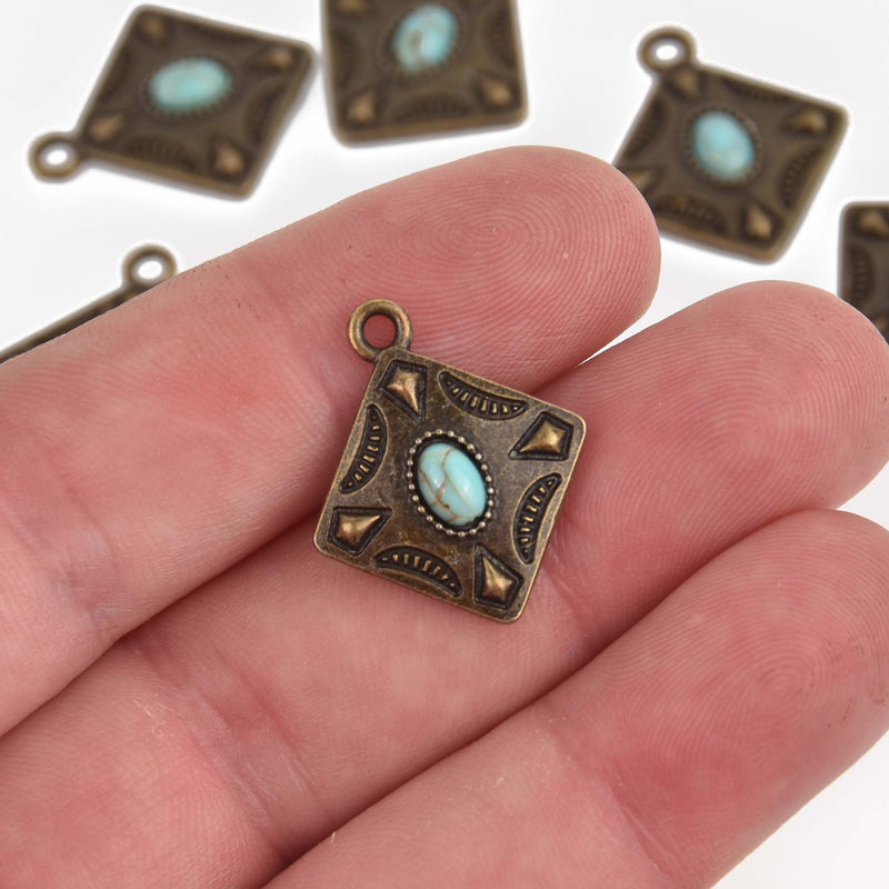 Bronze Square Charms, faux turquoise diamond shape, chs8484