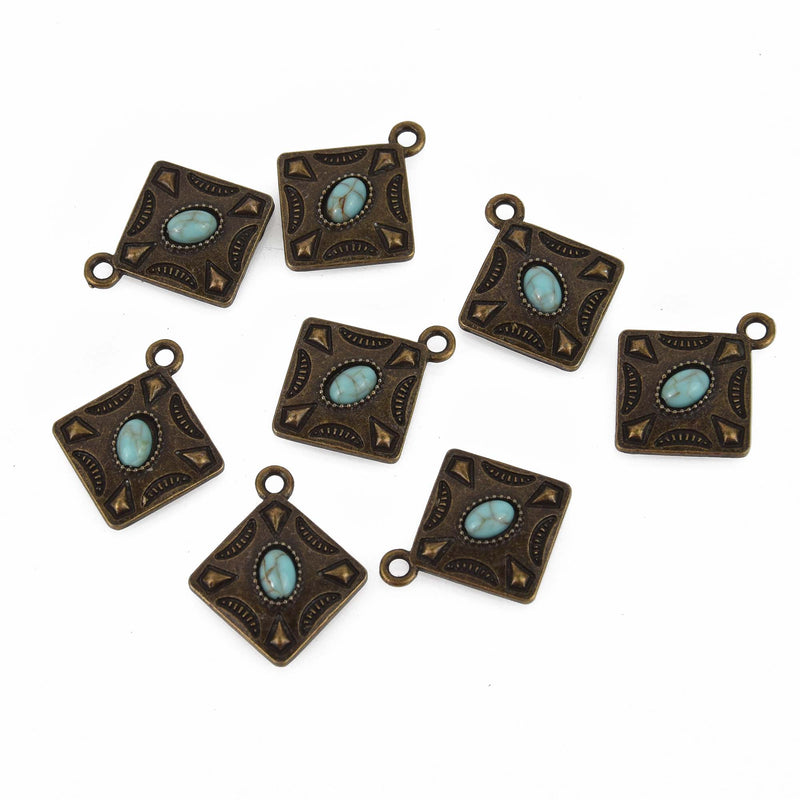 Bronze Square Charms, faux turquoise diamond shape, chs8484