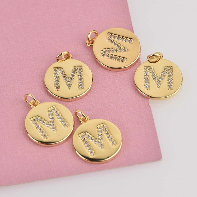 Letter M Crystal Alphabet Charm, Gold Plate, 15mm, chs8495