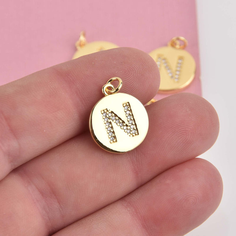 Letter N Crystal Alphabet Charm, Gold Plate, 15mm, chs8496