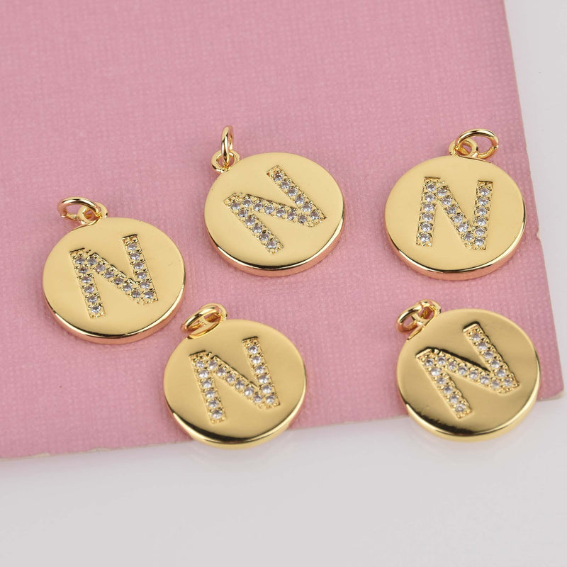 Letter N Crystal Alphabet Charm, Gold Plate, 15mm, chs8496