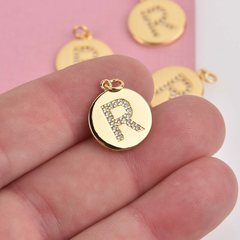 Letter R Crystal Alphabet Charm, Gold Plate, 15mm, chs8497