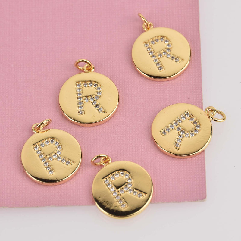 Letter R Crystal Alphabet Charm, Gold Plate, 15mm, chs8497