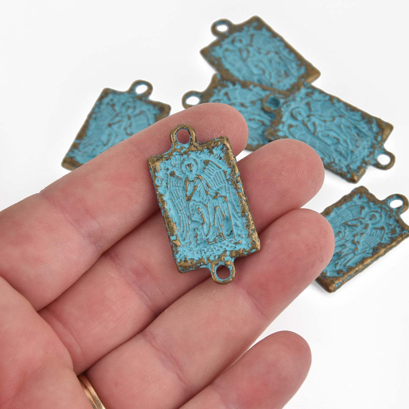 Rectangle Bronze Saint Connector Charms, Blue Verdigris Patina, 38x20mm chs8505