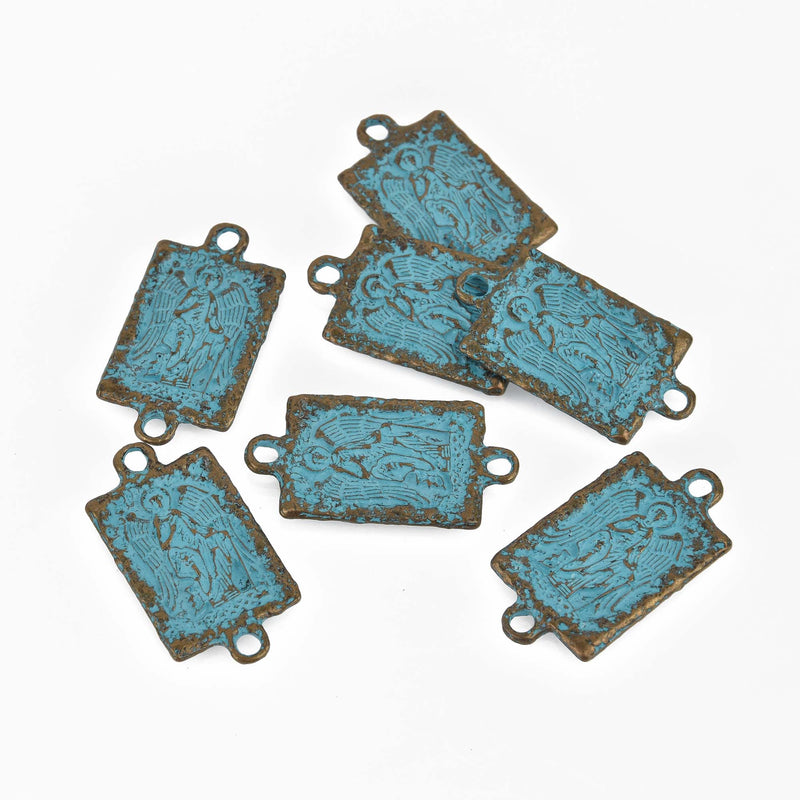 Rectangle Bronze Saint Connector Charms, Blue Verdigris Patina, 38x20mm chs8505