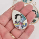 Geisha Porcelain Pottery Shard Pendant, Asian Lady, Chinese Oriental with gold bezel, TEARDROP chs8517
