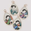 Geisha Porcelain Pottery Shard Pendant, Asian Lady, Chinese Oriental with gold bezel, TEARDROP chs8517