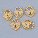 2 Gold Heart Lock Charms, Micro Pave, 12mm, chs8520