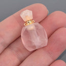 Pink Rose Quartz Natural Crystal Essential Oil Bottle Pendant, Perfume Bottle, Gold Trim, chs8533